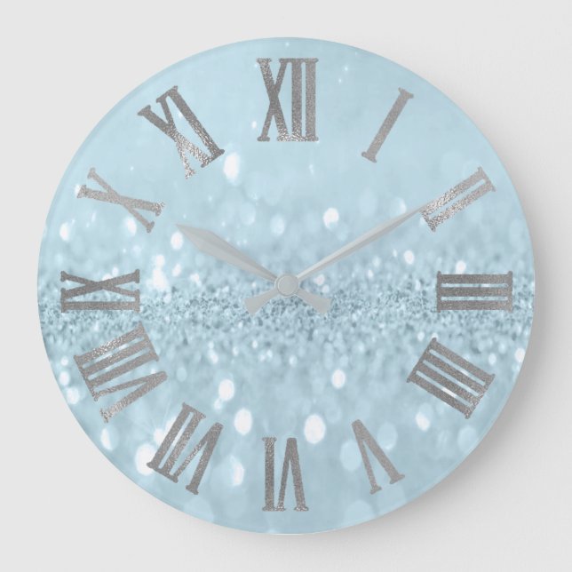 Blue  Silver Glitter Grey Metal Roman Numbers Large Clock (Front)