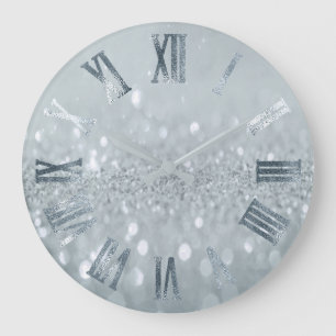 Blue Silver Glitter Grey Metal Roman Numbers Large Clock