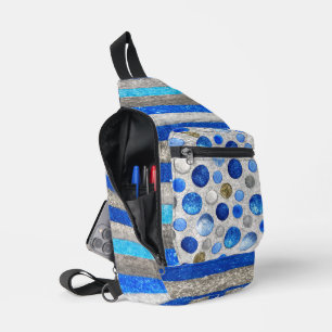 BLUE & SILVER GLITTER LOOK STRIPES & POLKA DOTS SLING BAG