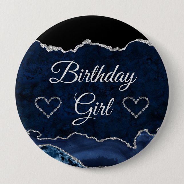 Blue & Silver Glitter Marble Agate Birthday Girl 10 Cm Round Badge (Front)