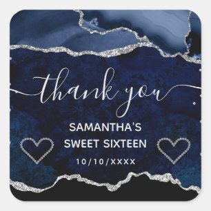Blue & Silver Glitter Marble Agate Sweet 16 Square Sticker