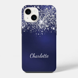 Blue silver glitter name script iPhone 14 case