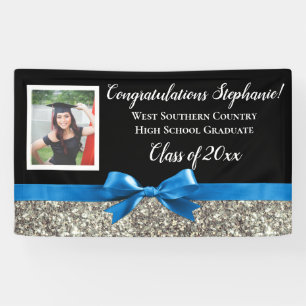 Blue Silver Glitter Photo Graduation Banner Sign