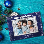 Blue silver glitter photo window Christmas card<br><div class="desc">A classic blue background decorated with faux silver glitter,  sparkling stars. The blue colour is uneven. Personalise and add your own photo,  name and a year.  With the text: Merry Christmas.  A window overlay over your photo.
Add your text on the back:</div>