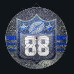 Blue & Silver Glitter School Football Team Sports Dartboard<br><div class="desc">Faux glitter sparkles behind a bold jersey number. Easily update the football player's number on the front and personalise the info on the back. Available in other sparkly team colours.</div>