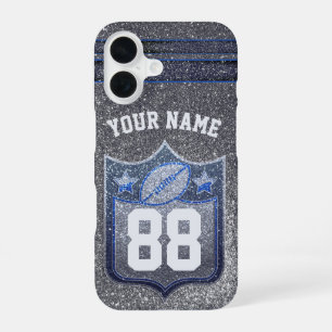 Blue & Silver Glitter School Football Team Sports iPhone 16 Case