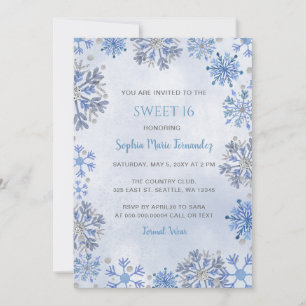 Blue Silver Glitter Snowflakes Winter Sweet 16 Invitation