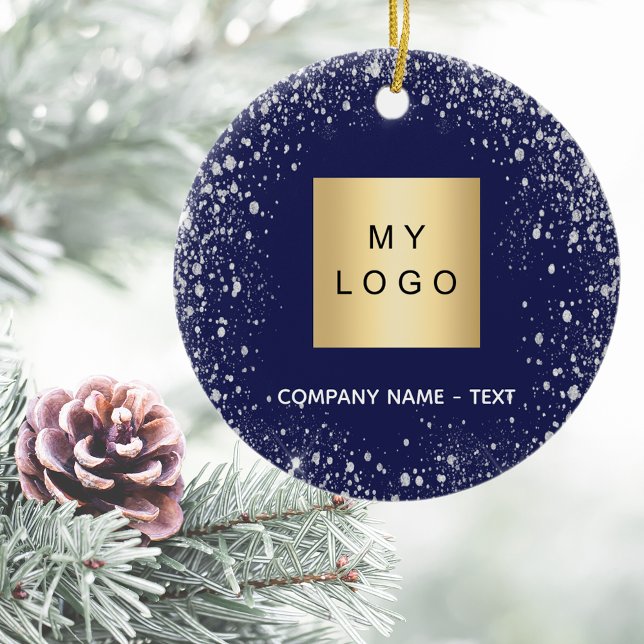 Blue silver glitter sparkle business comapany logo ceramic ornament (Creator Uploaded)