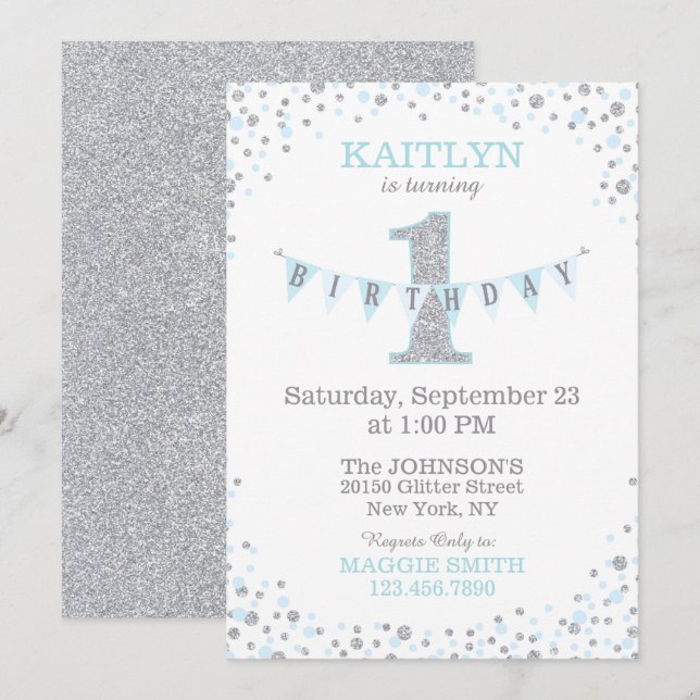 Blue Silver Glitter Sparkle First Birthday Invite (Front/Back)