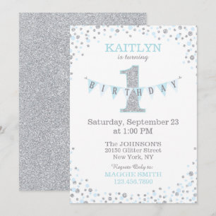 Blue Silver Glitter Sparkle First Birthday Invite