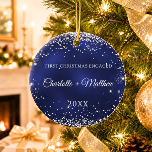 Blue silver glitter sparkles engaged ceramic ornament