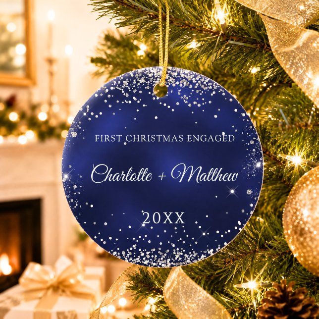 Blue silver glitter sparkles engaged ceramic ornament (Creator Uploaded)