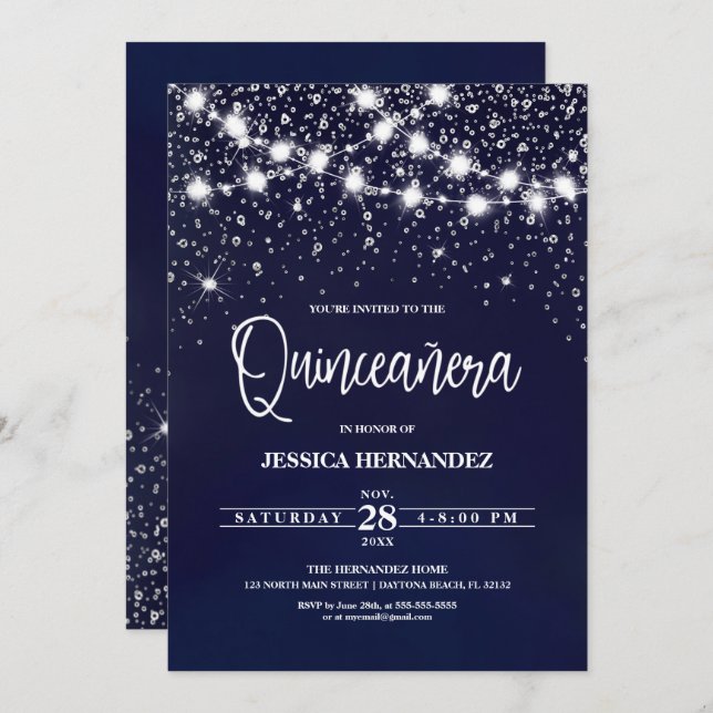 Blue Silver Glitter Sparkles Lights Quinceañera Invitation (Front/Back)