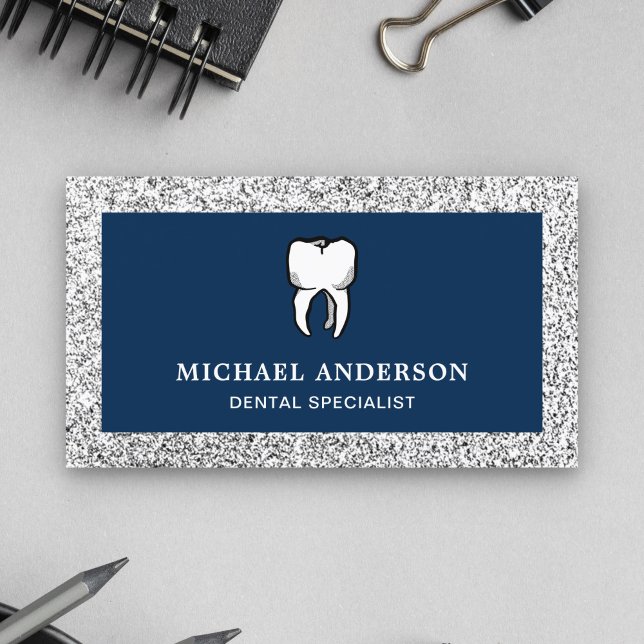 Blue Silver Glitter Tooth Dental Clinic Dentist Business Card (Creator Uploaded)