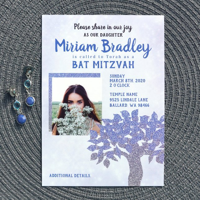 Blue & Silver Glitter Tree Bat Mitzvah Invitation (light blue, silver glitter tree of life bat mitzvah invitation)