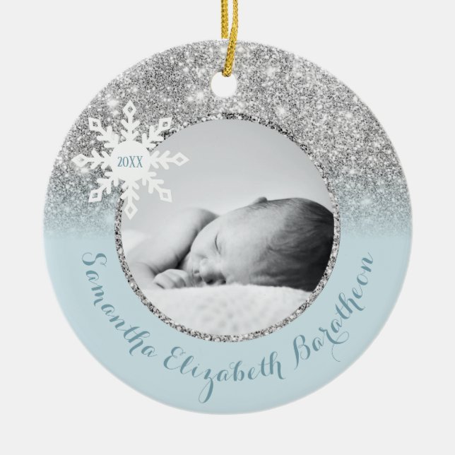 Blue Silver Glitter Winter Personalised Baby Ceram Ceramic Ornament (Front)