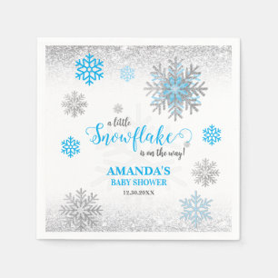 Blue Silver Glittery Snow Flake Winter Baby Shower Napkin