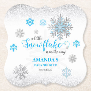 Blue Silver Glittery Snowflake Winter Baby Shower  Paper Coaster