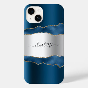 Blue silver gold agate marble name script Case-Mate iPhone 14 case
