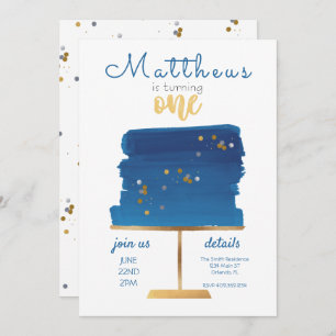 Blue, Silver & Gold First Birthday Invitation