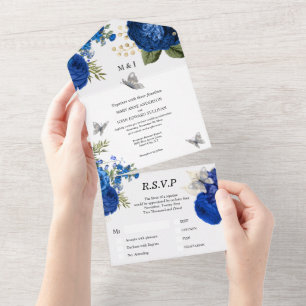 Blue silver gold rose elegant butterfly glam  all in one invitation