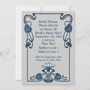 Blue Silver Grey Floral Swirls Bridal Shower  Invitation