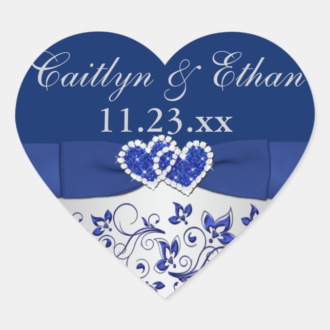 Blue, Silver Grey Floral Wedding Favour Sticker (Front)