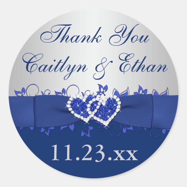 Blue, Silver Grey Floral Wedding Favour Sticker (Front)