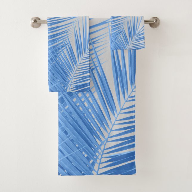 Blue Silver Grey Palm Leaves Dream #1  Bath Towel Set (Insitu)