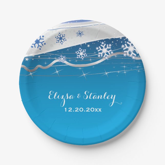 Blue, silver grey snowflake modern wedding paper plate (Front)