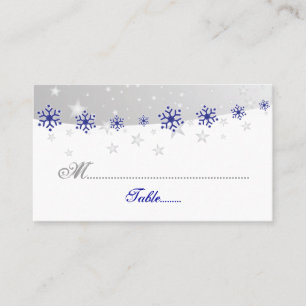 Blue, silver grey snowflake wedding place card