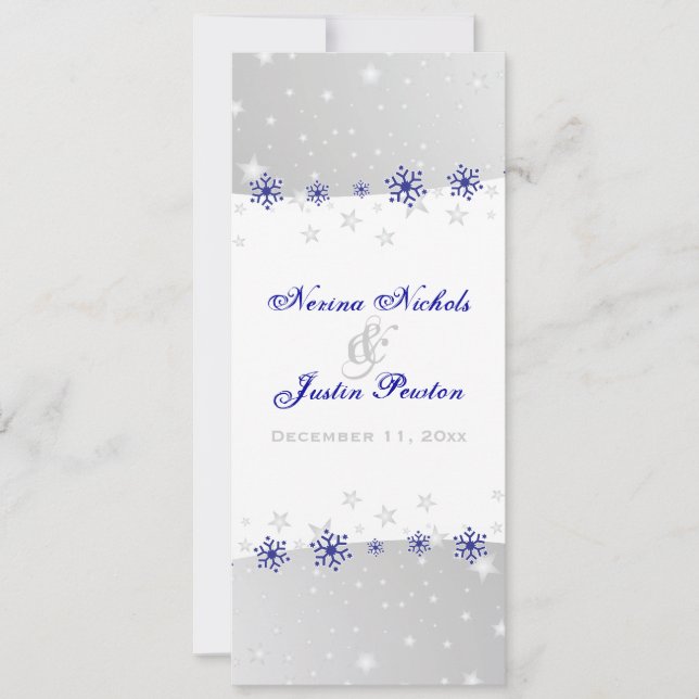 Blue, silver grey snowflake wedding program card (Front)