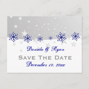 Blue, silver grey snowflake wedding Save the Date Announcement Postcard