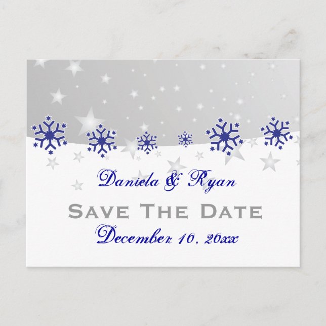 Blue, silver grey snowflake wedding Save the Date Announcement Postcard (Front)