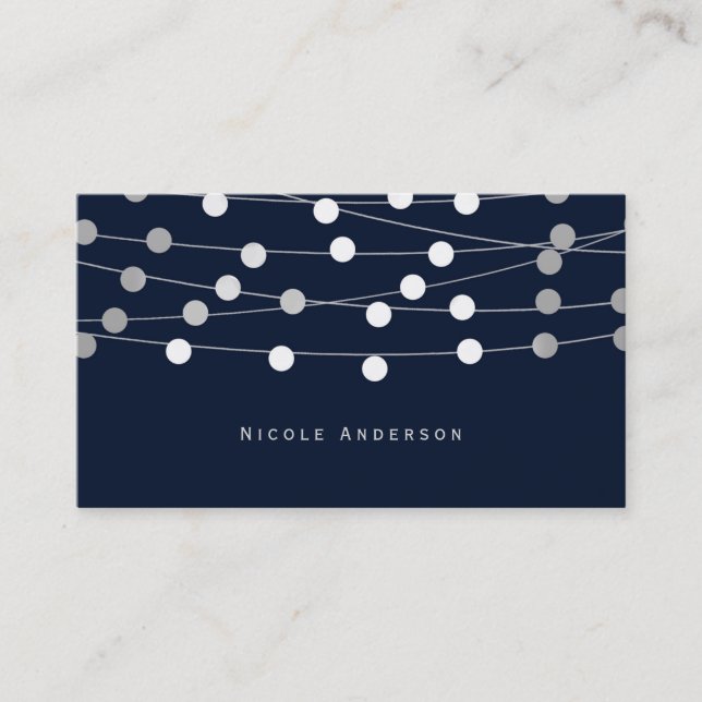 Blue Silver Grey String Lights Modern Chic Glam Business Card (Front)