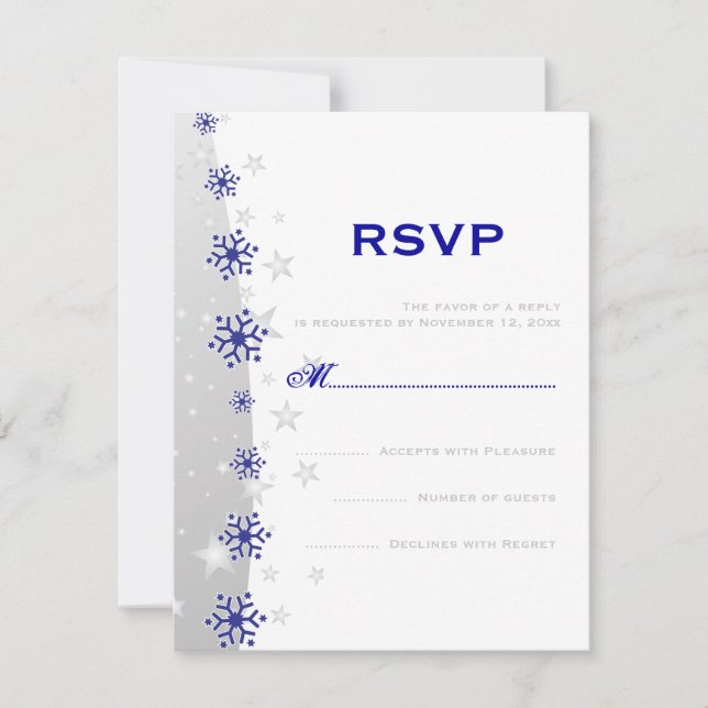 Blue, silver grey white snowflake wedding RSVP Card (Front)