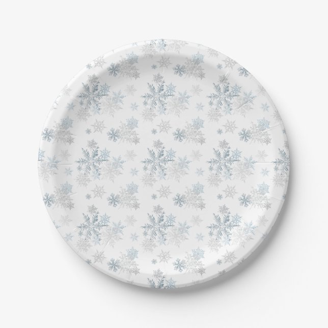 Blue Silver Grey Winter Wonderland Snowflake Paper Plate (Front)
