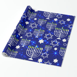 Blue & Silver Hanukkah Menorah Wrapping Paper
