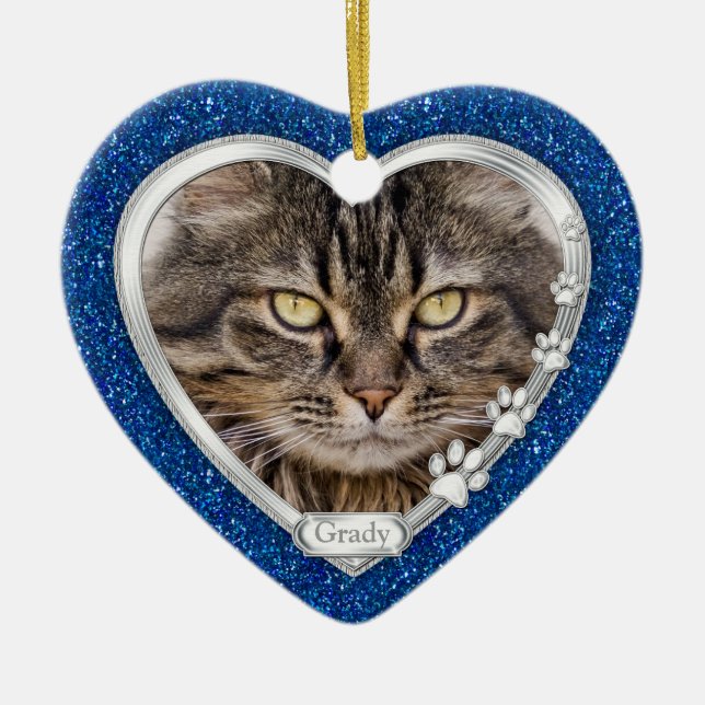 Blue Silver Heart Pet Cat Memorial Photo Christmas Ceramic Tree Decoration (Front)