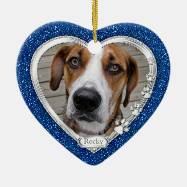 Blue Silver Heart Pet Dog Memorial Photo Christmas Ceramic Ornament (Front)