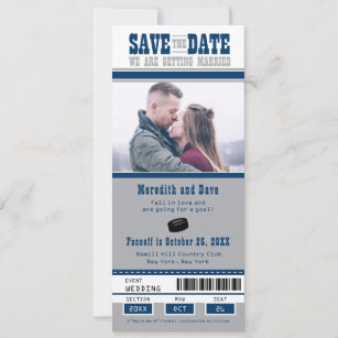 Blue Silver Hockey Ticket Wedding Save the Date
