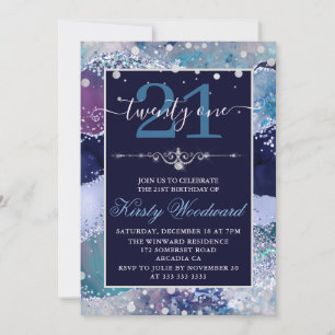 Blue & Silver Holo Glitter Agate Birthday Invitation