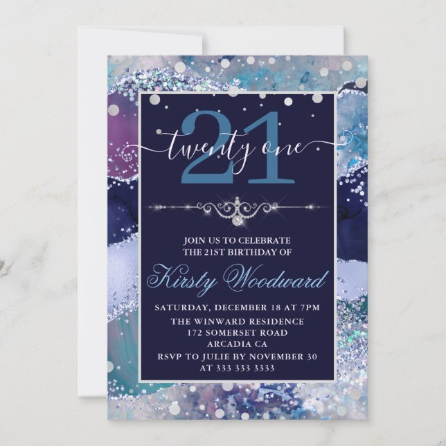 Blue & Silver Holo Glitter Agate Birthday Invitation (Front)