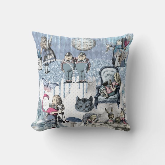 Blue Silver Ice Alice in Wonderland Cushion (Front)