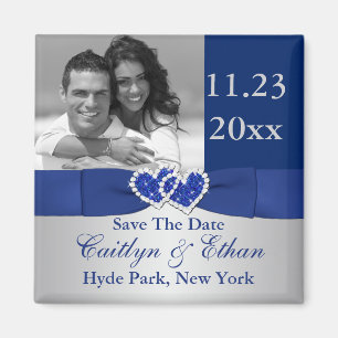 Blue, Silver Joined Hearts Save the Date Magnet