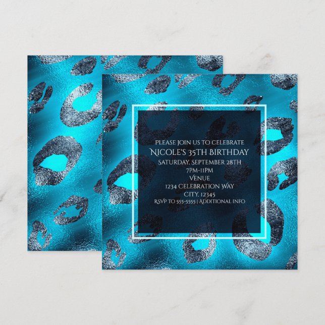 Blue & Silver Leopard Print Party Invitations (Front/Back)