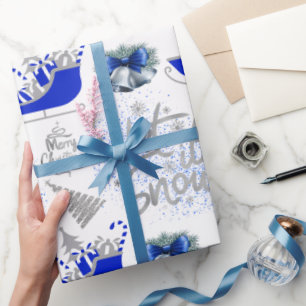 Blue & Silver Let It Snow on White   Wrapping Paper