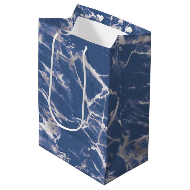 Blue Silver Marble Medium Gift Bag (Front Angled)