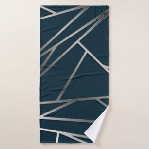 Blue Silver Modern Geometric Bath Towel