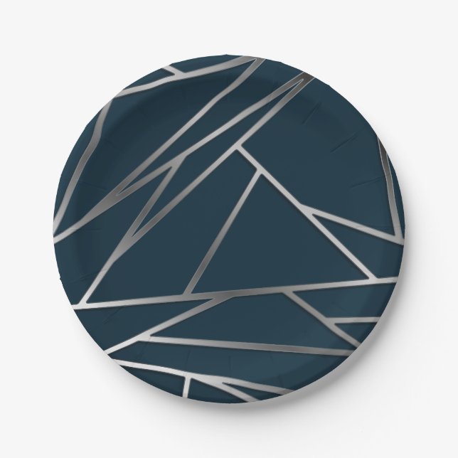 Blue Silver Modern Geometric  Paper Plate (Front)